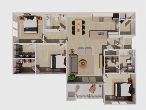 Floor plan for 3 beds, 2 baths, 1290 sqft